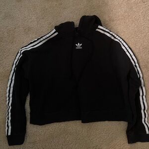 adidas Black Hoodie with White Stripes and Trefoil Logo